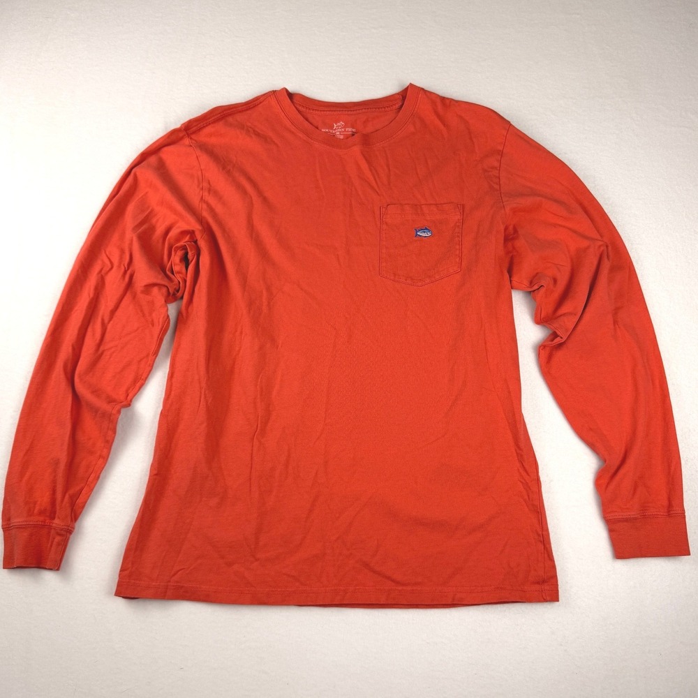 Southern Tide Mens Long Sleeve Pocket T-Shirt Orange Skipjack Fish Logo Size M